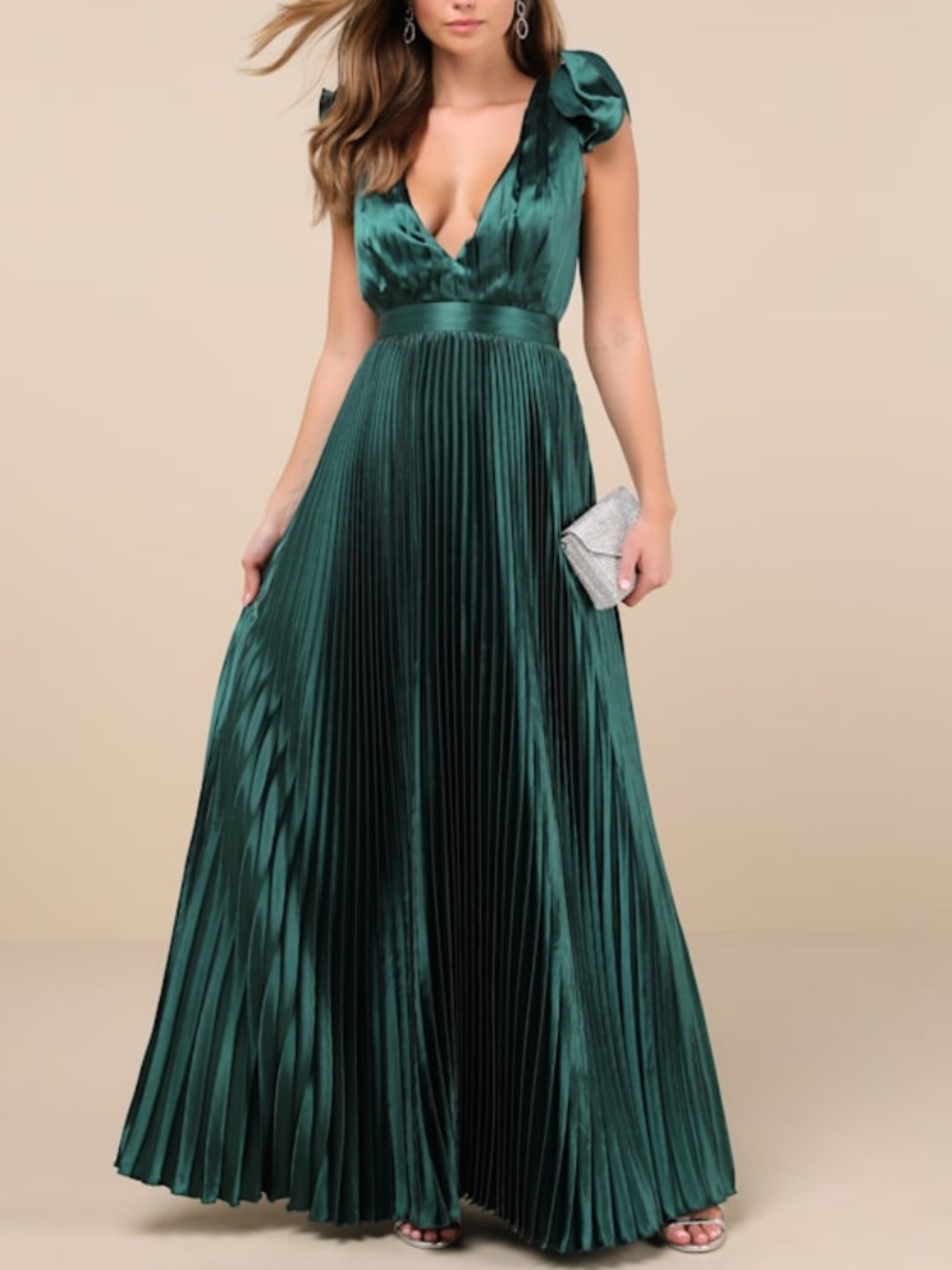 Lulus Exceptional Drama Emerald Satin Lace-up Pleated Maxi Dress Green - Size S